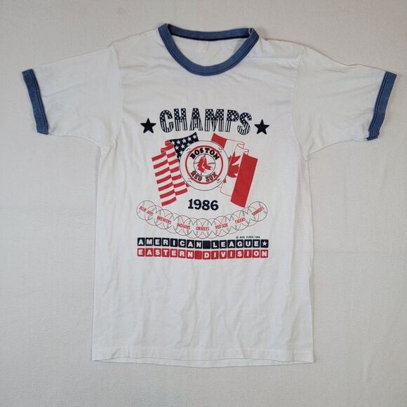 VTG 1986 Boston Red Sox AL Champions Ringer T-Shirt Sz XS Washed Tag Ron Piper - Picture 1 of 7